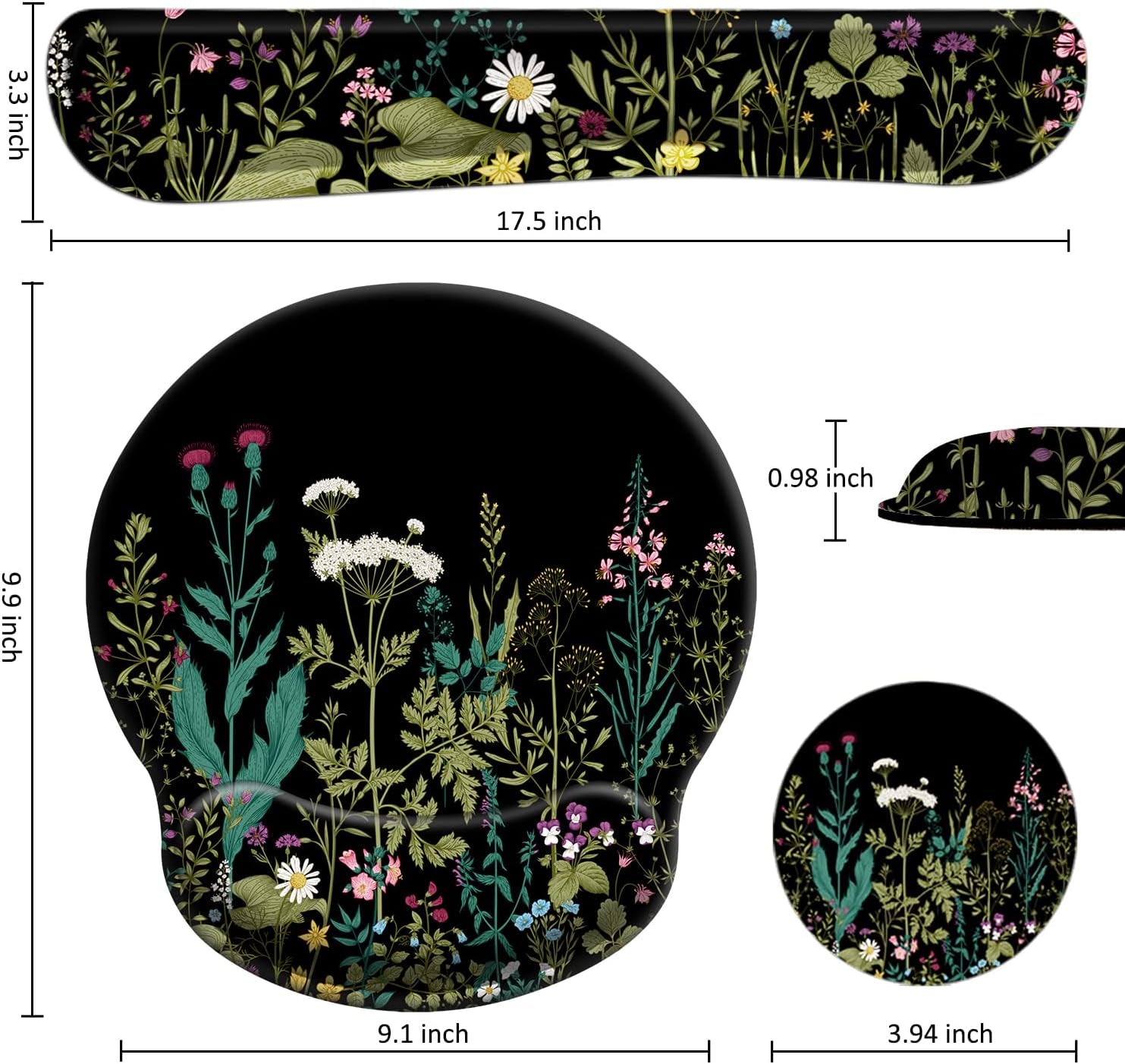 3 in 1 Ergonomic Mouse Pad with Wrist Support and Keyboard Wrist Rest Pad Set with Coaster, Wrist Pad with Non-Slip Rubber Base & Raised Memory Foam, Easy Typing & Pain Relief, Garden Flowers