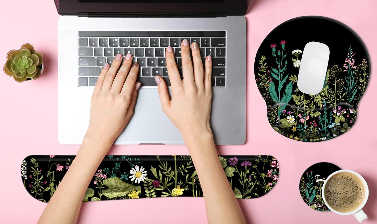 3 in 1 Ergonomic Mouse Pad with Wrist Support and Keyboard Wrist Rest Pad Set with Coaster, Wrist Pad with Non-Slip Rubber Base & Raised Memory Foam, Easy Typing & Pain Relief, Garden Flowers