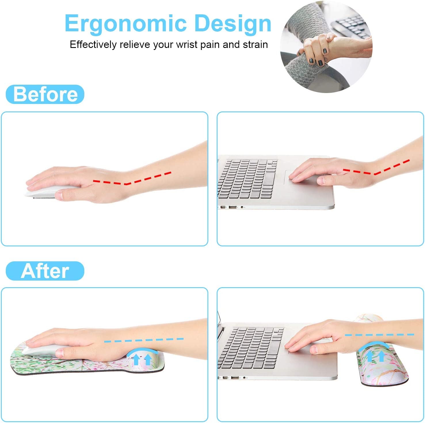 3 in 1 Ergonomic Mouse Pad with Wrist Support and Keyboard Wrist Rest Pad Set with Coaster, Wrist Pad with Non-Slip Rubber Base & Raised Memory Foam, Easy Typing & Pain Relief, Garden Flowers