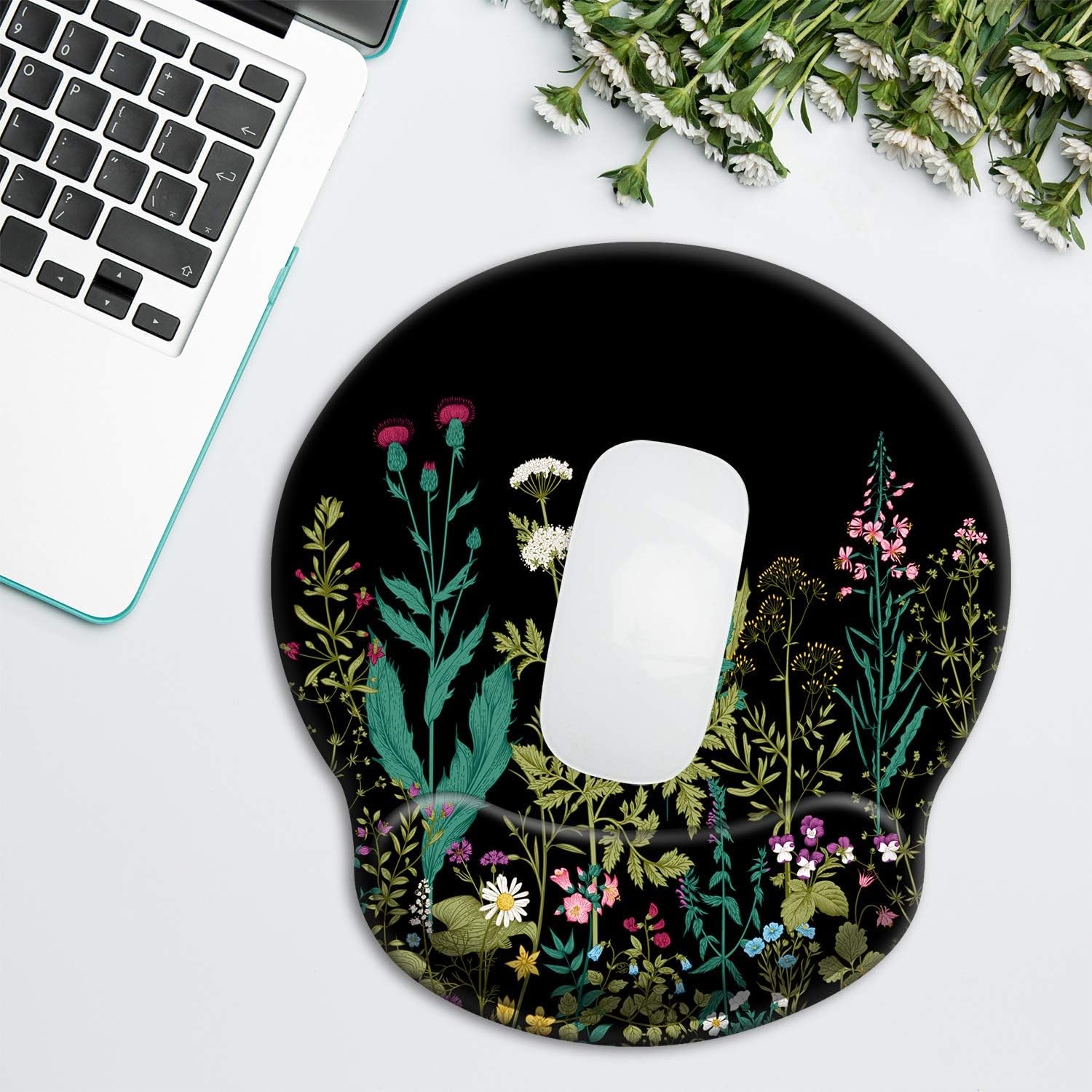 3 in 1 Ergonomic Mouse Pad with Wrist Support and Keyboard Wrist Rest Pad Set with Coaster, Wrist Pad with Non-Slip Rubber Base & Raised Memory Foam, Easy Typing & Pain Relief, Garden Flowers